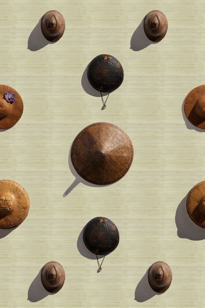 Asian hats on grasscloth